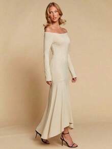 Vestido de mujer de cuello en V elegante, de manga larga, de unicolor, con dobladillo irregular, versátil para ir al trabajo, la oficina, salir, fiestas, bodas y la playa - Beis - Ver 4