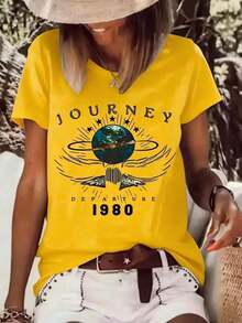 Women's Vintage Printed T-Shirt 'Journey Departure' From 1980, Casual Short Sleeve Fashion, Summer 2026, Comfortable Fit, Round Neck - 黃色 - 查看 6