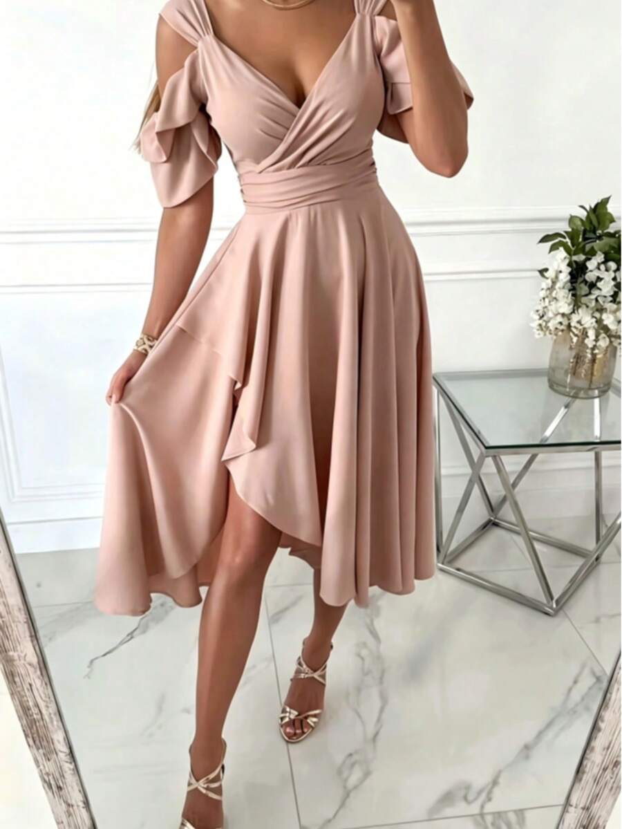 Vestido midi elegante de línea A con diseño de volantes asimétricos en el bajo, cuello en V para mujer - Esencial para damas de honor, unicolor elegante con pliegues cruzados asimétricos/asimétricos para verano - Rosado Sandía - Ver 1