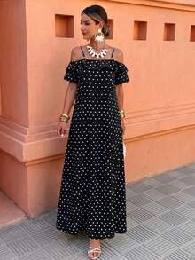 Elegant Bohemian Style Off-Shoulder Polka Dot Maxi Dress, Short Sleeve Fitted Woven Fabric, Slit Design Summer - Multicolor - View 5