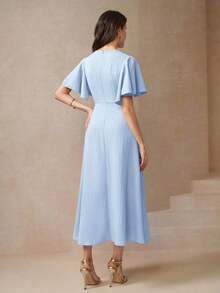 Vestido de verano de longitud de muslo con abertura, frente con botones y mangas mariposa elegante para mujer - Niebla azul - Ver 2