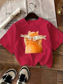 Women's Casual Summer T-Shirt With Small Orange Cat Fishing Print, Fashionable Short Sleeve, Casual Round Neck, Women's Clothing - 綠色 - 查看 10