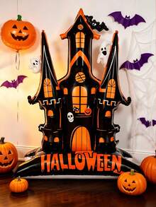 60 Inch Standing Halloween Castle Foil Balloon - Ghost, Bat, Pumpkin, Skeleton Design, Black And Orange Design, No Assembly Required, Indoor/Outdoor Use, Halloween Decoration, Spooky Atmosphere Decor - Halloween Castle - View 1