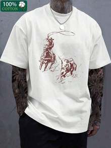 Oversized Vintage Streetwear T-Shirt The Original Cowboy. Celebrate Classic American Spirit With This Comfortable Tee! Perfect For Outdoor Adventures Or Relaxing At Home, A Must-Have For Beer Lovers! Men's Summer Everyday Wear Streetwear Style. - 白色 - 查看 7
