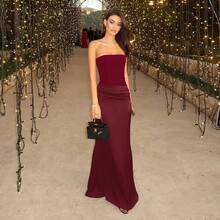 Evening Dress For Women, Satin Patchwork Backless Strap Waist Cinching Dress - Wine Red - View 4