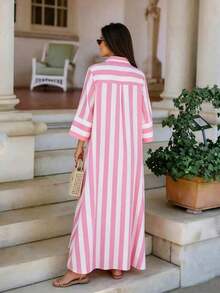 Vestido largo para mujer, con diseño de rayas anchas y bloques de color, adecuado para el uso en el festival de Eid Al-Adha en primavera/verano en color rojo - Rosa - Ver 5