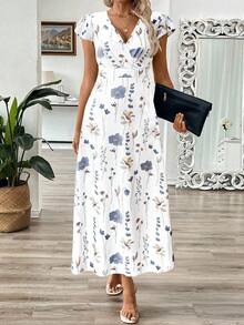 Vestido largo de verano de mujer con cuello en V y estampado floral de hojas, vestido entallado en la cintura con línea A - Multicolor 2 - Ver 6