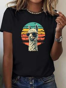 1 Piece Of Round Neck T-Shirt With Alpaca Print Wearing Sunglasses, Casual Short Sleeve T-Shirt For Spring And Summer, Women's Clothing, 180g, 100% Cotton. - 白色 - 查看 6