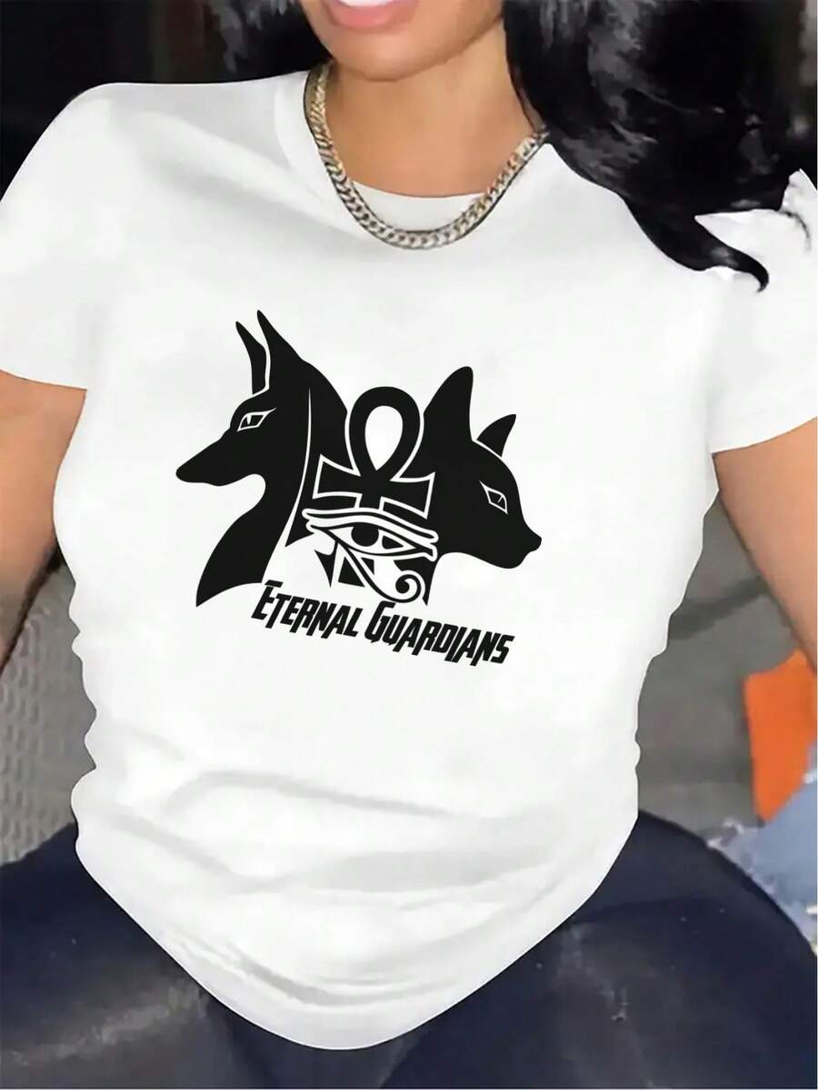 Eternal Guardian Print T-Shirt | Durable And Comfortable Fabric, Ideal For The Living Room Or Dining Room, Stylish And Lightweight, For Everyday Use, Round Neck, Medium Elasticity. - 白色 - 查看 1