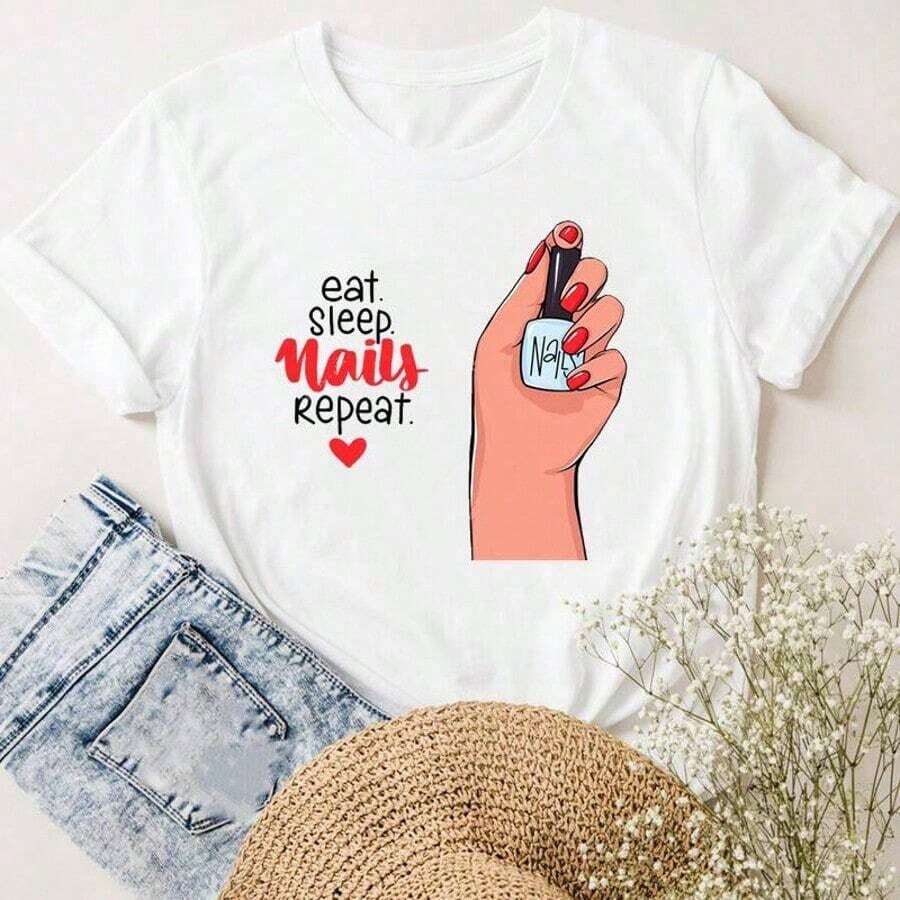 COOL SUMMER Women's Short Sleeve Camisole With Letter And Nail Art Design, Cute And Charming, Fashionable Casual Clothing For Women, Summer Graphic Camisole, Breathable And Comfortable - 白色 9 - 查看 1