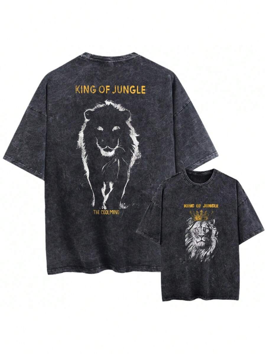 Unique Retro Aesthetic, Soft Feel, Quality Craftsmanship, And Durability. Unisex Black Vintage-Style T-Shirt With A Relaxed Fit, Featuring A Coolmind MAV Lion Print. Exclusive Men's Design, 100% Cotton, Urban Style, Plus Size, Modern And Stylish T-Shirt. DDIM - 黑色 - 查看 1
