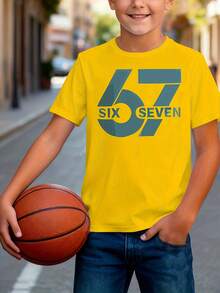 SIX SEVEN Graphic T-Shirt Number Six And Seven - Short Sleeve Cotton Casual Summer T-Shirt With Number Print, Round Neck, Comfortable Casual Wear For Playing, Easy Care - 黃色 - 查看 2