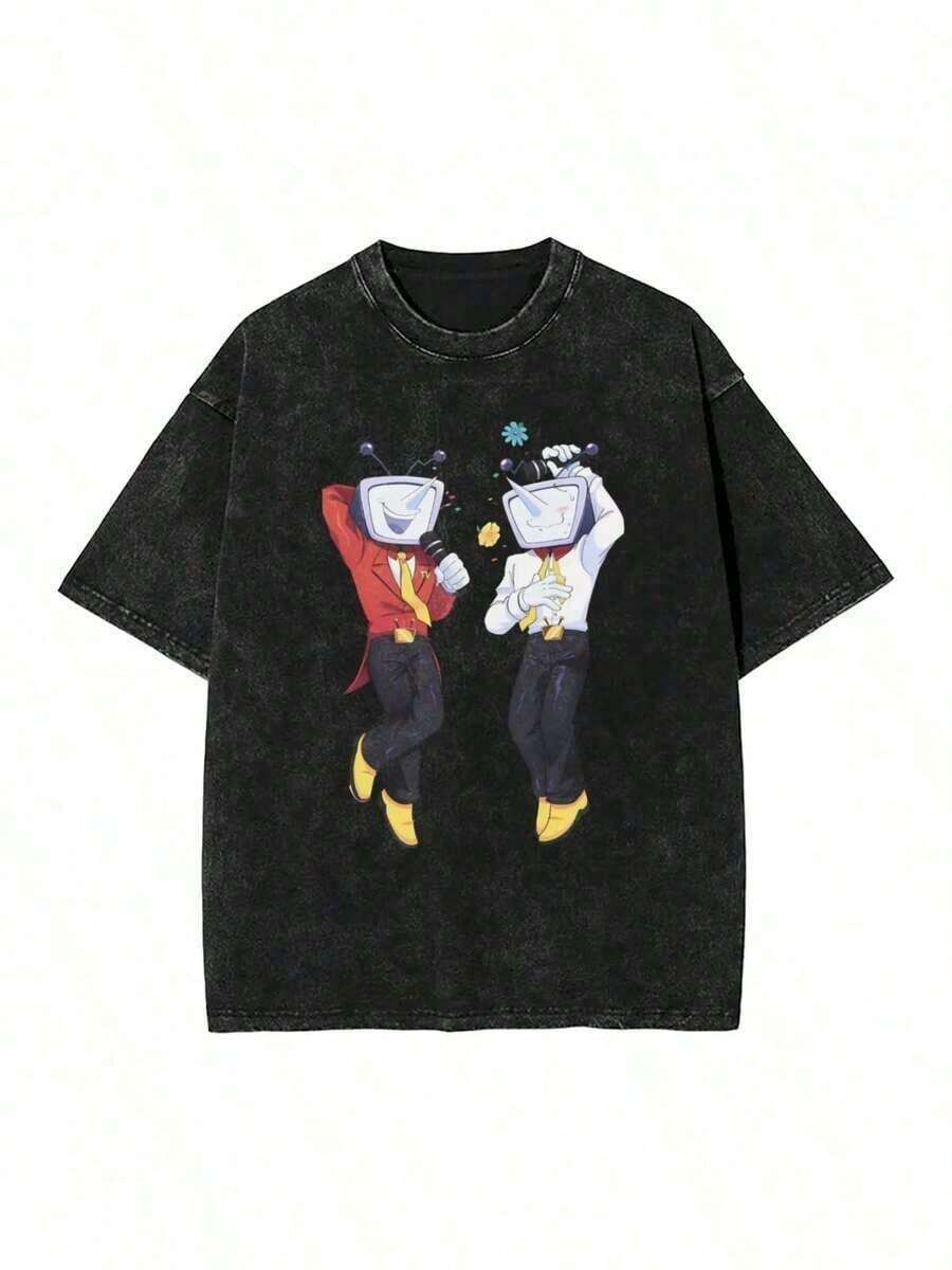 Men's And Women's Game T-Shirt | Vintage Black Washed Urban Style T-Shirt With Logo Print, Loose Fit, Round Neck, Casual Summer And Year-Round Wear, Medium Stretch Fabric, Cartoon Design, Regular Sleeves (Unisex), Going-Out Clothes, Men's T-Shirts 100% Pure Cotton Anti-UV. - 黑色 - 查看 1