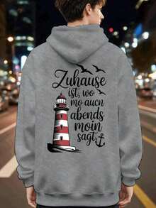 Compatible With Graphic Plus Size, Men's Back Print Hoodie, New Autumn-Winter Collection, Couple Hoodie, Versatile Loose Sweatshirt For Sports And Casual Wear - Casual Sweatshirt, Kangaroo Pocket, Stretch Fabric, Machine Washable - Perfect Choice For Spring And Autumn [Lingmoyun] - 灰色 - 查看 2