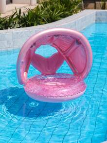 Flotador inflable con forma de escamas de sirena rosa con toldo solar, flotador de piscina para bebés y niños pequeños con asa para el verano - Rosa - Ver 3