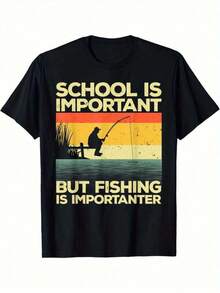 Men's Casual Cotton T-Shirt With Fishing Print - Crew Neck, Short Sleeve, All-Season Knit Fabric, Regular Fit, 180g Machine Washable, Ideal Gift For Fishermen, Fishing T-Shirt - 黑色 - 查看 1