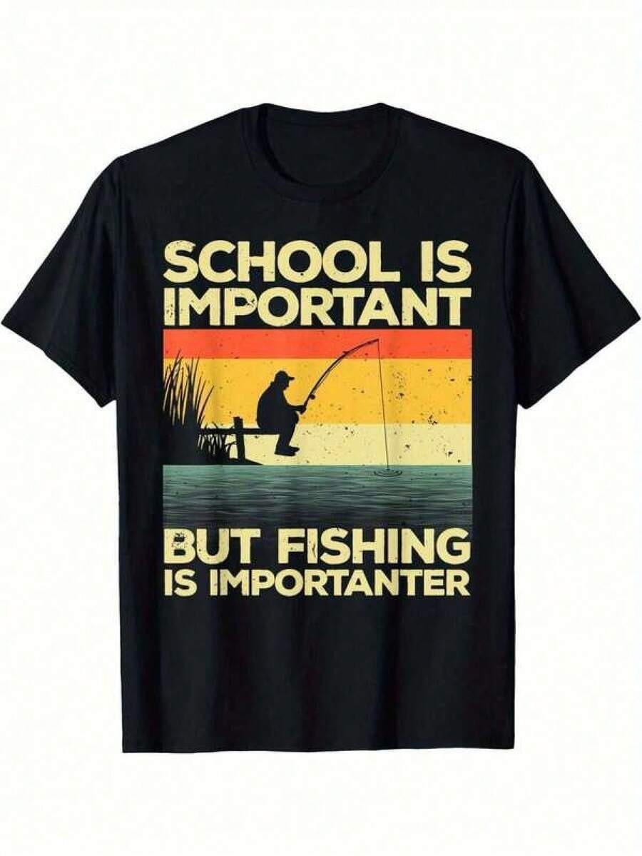 Men's Casual Cotton T-Shirt With Fishing Print - Crew Neck, Short Sleeve, All-Season Knit Fabric, Regular Fit, 180g Machine Washable, Ideal Gift For Fishermen, Fishing T-Shirt - 黑色 - 查看 1