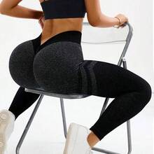 guang zhou mi qian shang mao Slayform Leggings sin costuras de cintura alta a rayas marrones H1178 - Negro01 - Ver 3