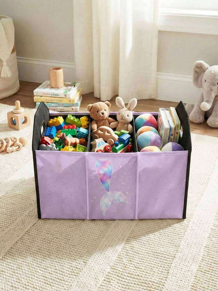 1pc Compartment Storage Box, Laundry Basket, Large Capacity Foldable With Cartoon Horse & Fish Tail Print Pattern, Multipurpose Storage Box For Nursery, Bedroom, Baby Clothes, Under Bed, Baby Toys - Multicolor - View 13
