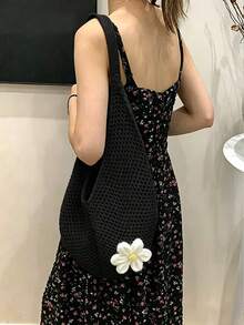 Yogodlns 鏤空編織波希米亞風海灘托特包，大容量隨性女款休閒購物海灘包，鉤針花朵設計 - 黑色 - 查看 4