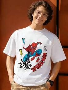 Spider Man Web Lightning Snowflake Graphic T Shirt 100 Percent Cotton Mens Tshirts MARVEL  Marvel Universe  Superhero Men's Summer Outfits Men Clothes Mens Tops Streetwear Mens Gift Ideas Innerwear Or Outfits,Mens Fashion - White - View 1
