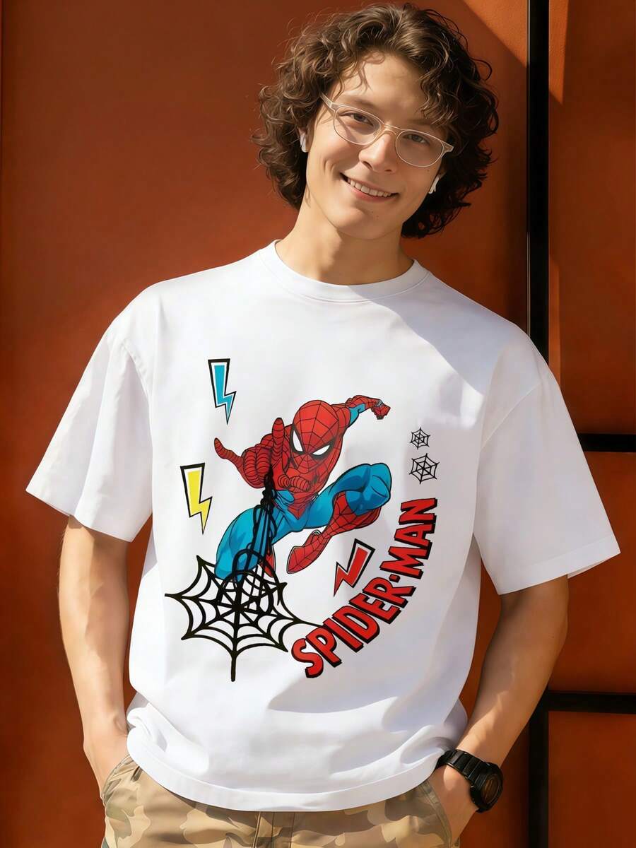 Spider Man Web Lightning Snowflake Graphic T Shirt 100 Percent Cotton Mens Tshirts MARVEL  Marvel Universe  Superhero Men's Summer Outfits Men Clothes Mens Tops Streetwear Mens Gift Ideas Innerwear Or Outfits,Mens Fashion - White - View 1