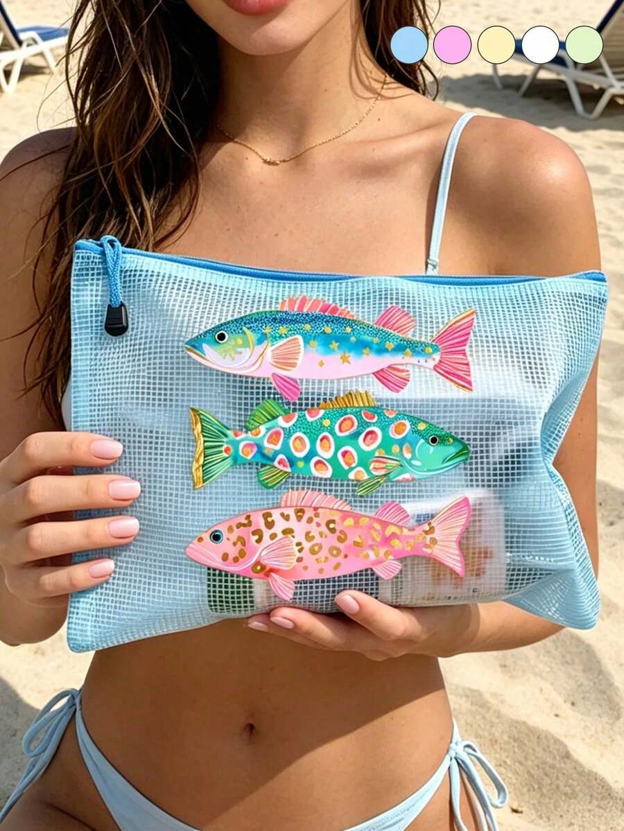 防水海灘化妝包,可愛魚類圖案,彩色網格化妝包,大容量便攜化妝收納包,透氣海灘盥洗包,夏季熱帶風旅行收納包,多功能盥洗包,適用於游泳、度假、大學宿舍、浴室、化妝品、護膚品、配件、文具、海灘用品,可愛學院風,獨特教師節禮物、生日禮物、節日禮物、派對禮物、度假禮物、婚禮禮物、開學禮物 - 彩色 - 查看 1