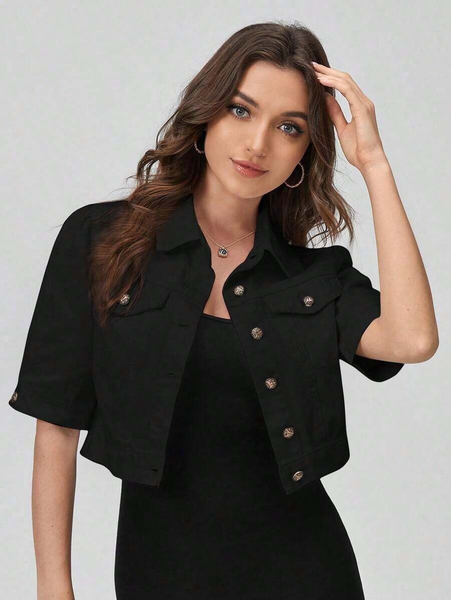 Chaqueta vaquera casual de mujer de manga corta y abotonadura sencilla - Negro - Ver 1