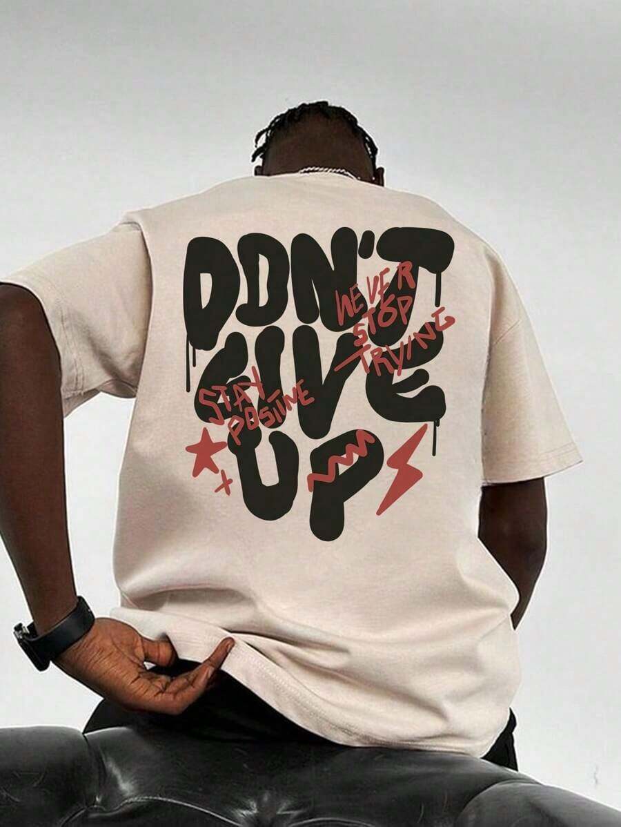 Camiseta de manga corta de cuello redondo con estampado de letras casual para hombre, verano - Gris - Ver 1