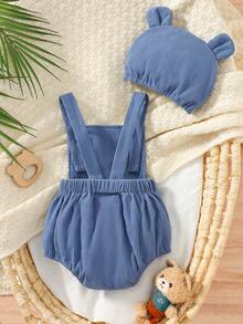 Summer Cute Playful Style Baby Boy Ribbed Bear Overall Romper & 3D Ear Beanie 2pcs Set, Baby Summer Home & Outdoor Crawling Outfit - Blue - View 2