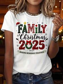 A Women's Graphic Print T-Shirt With A Family-Friendly Christmas Theme For 2026, Perfect For Creating Memories Together. This Casual Short-Sleeved, Crew-Neck T-Shirt Is Ideal For Spring And Summer. Cotton T-Shirt. - 白色 - 查看 8
