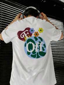 Fractyr Men's Oversized T-Shirt With "Off" Globe And "Sorry We're Closed" Print On The Front And Back, Soft Touch, White, Urban Casual Style, With Retro Floral And Heart Graphics - 白色 - 查看 4