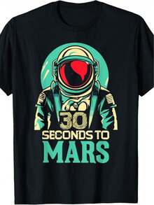 30 Seconds To Mars Men's Retro Space-Themed T-Shirt - Black Astronaut & Mars Logo Print, Loose Fit Casual Tee For Beach, Training, Outdoor & Casual Attire | Durable Digital Graphic - 黑色 - 查看 1