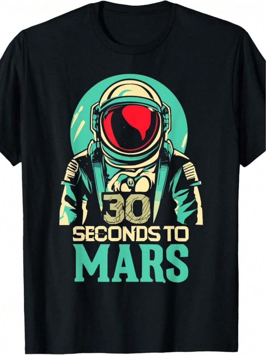 30 Seconds To Mars Men's Retro Space-Themed T-Shirt - Black Astronaut & Mars Logo Print, Loose Fit Casual Tee For Beach, Training, Outdoor & Casual Attire | Durable Digital Graphic - 黑色 - 查看 1