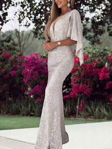Vestido sirena lentejuelas elegante para banquetes y eventos - Plateado - Ver 4