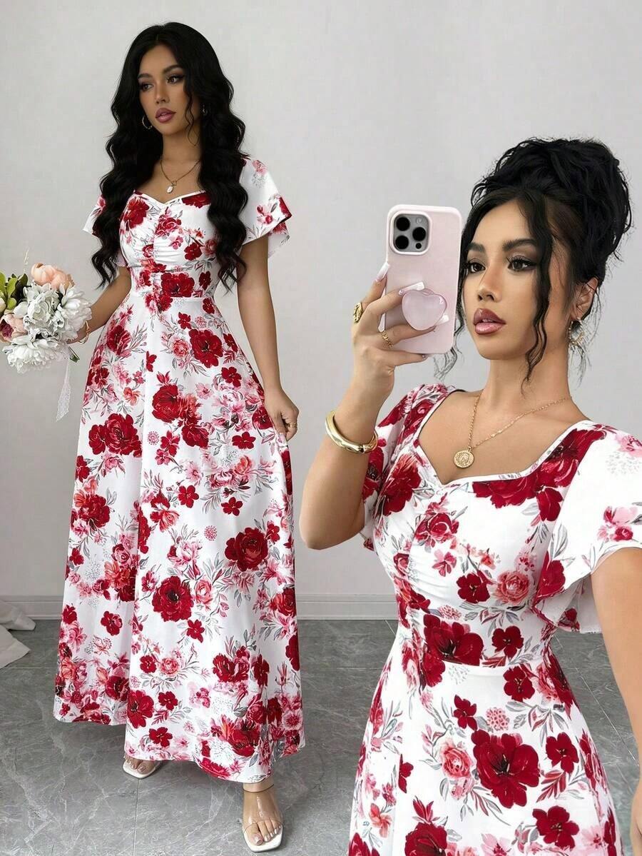 Elenzya Vestido de línea A con volantes en las mangas, fruncido en el frente y estampado floral de rosas, elegante y casual, ideal para vacaciones, viajes, citas, moda francesa y estilo retro, versátil para primavera y verano, de manga corta y largo maxi, en rojo, blanco y multicolor - Multicolor 3 - Ver 1