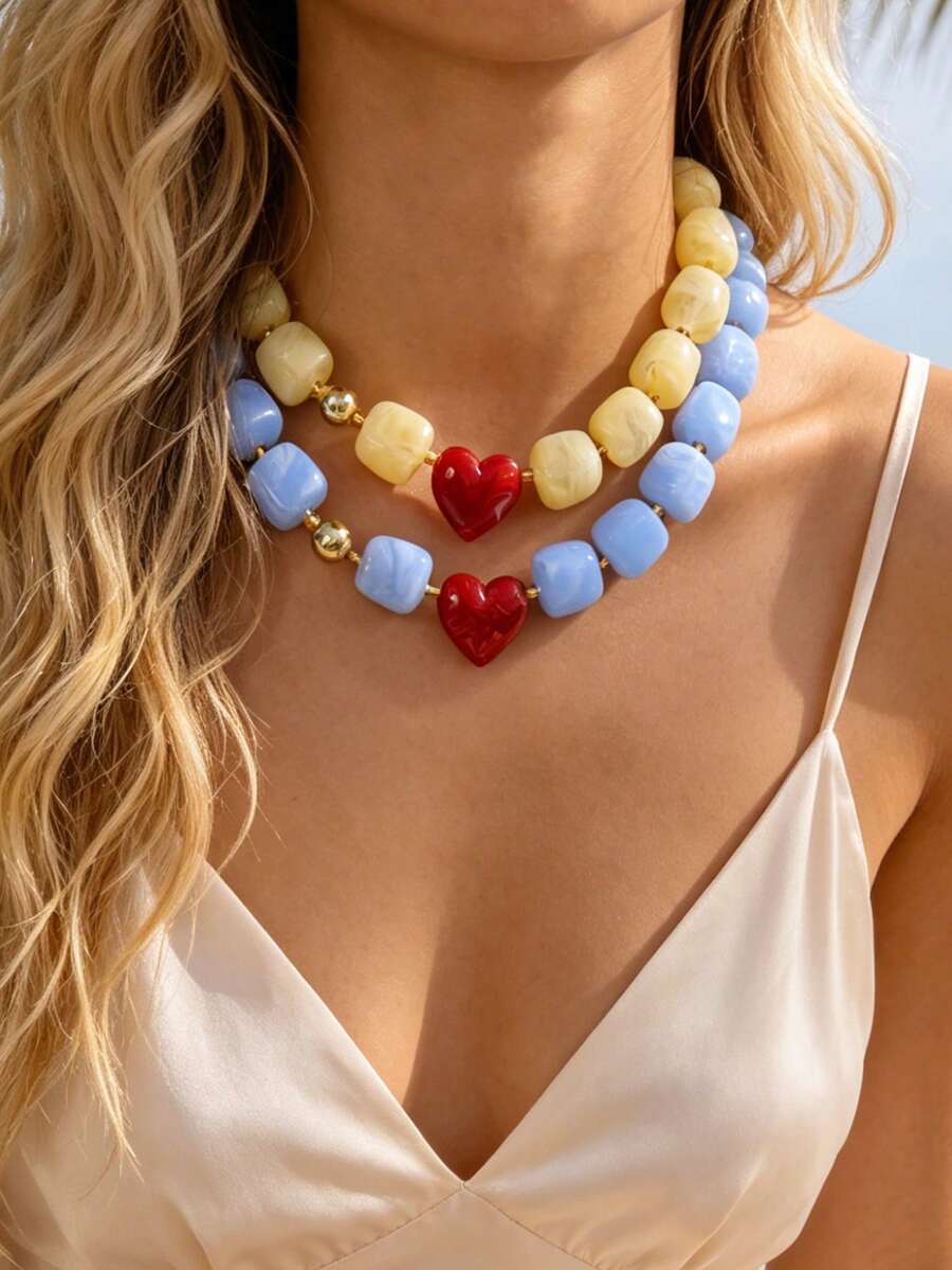 1pc Bohemian Vintage Y2K Creative Fashion Elegant Exquisite Luxurious Sweet Unique Design Resin Square Heart-Shaped Bead Necklace, Suitable For Women, Sisters And Couples, Exquisite Graduation Ball/Evening Party Jewelry Gift, Perfect For Daily Wear, Dating, Banquet, Party, Holiday, Gift-Giving, Wedding Season, Music Festival, Halloween, Christmas, Colorful Jewelry - necklace - View 1