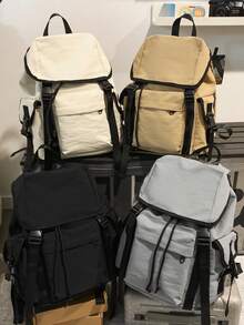 Multi-Use Drawstring Backpack | White & Black Nylon With Buckle Details | Adjustable Straps Multi-Pocket | Daily/Outdoor/Work,Y2k - Multicolor - View 7