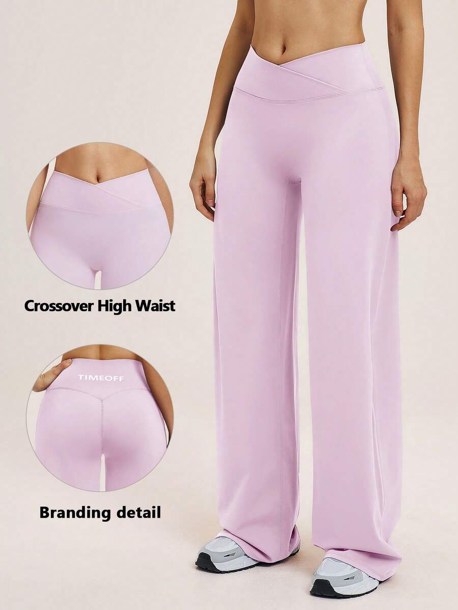 TimeOff 1pc Women Solid Color Criss-Cross Waistband Loose Straight Leg Wide Pants - Pink - View 1