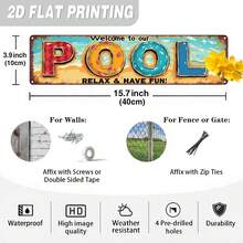 2D Flat - Vintage 2D Flat Metal Sign Welcome To Our Pool! Relax And Have Fun - Suitable Summer Party Rustic Decor, 3.9X 15.7inch, No Electricity Required, Wall-Mounted Decoration Pool Houses, Patios, Or Beaches, Vibrant Sign, Easy To Install - 3,93 x 15,74 inch - Xem 5