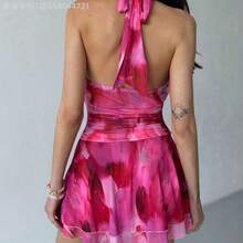 MewMuse.  Nuevo vestido mini de primavera/verano sin mangas con cuello alto, con estampado de cepillo, malla con recogido, dobladillo con volantes y espalda abierta, adecuado para vacaciones, citas, tardes de té, vacaciones, festivales de música, estilo bohemio - Morado - Ver 3