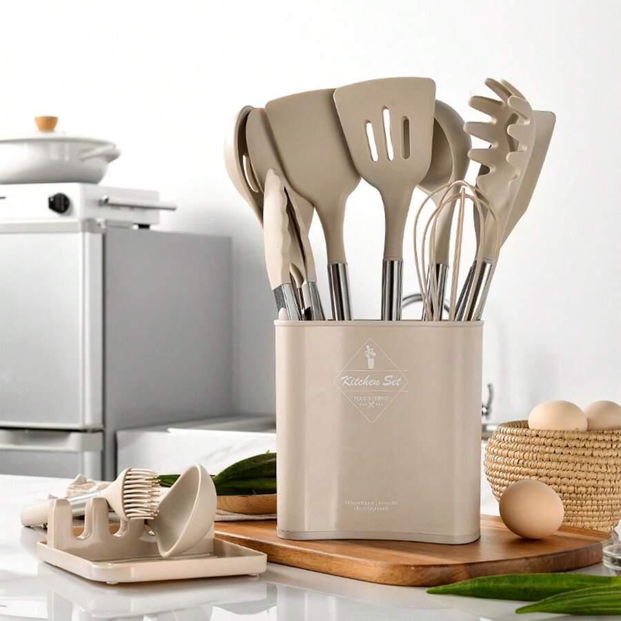 Meoky 13 Piezas Accesorios de Cocina Herramientas Utensilios de Cocina, Cubo Cuadrado, Juego de Utensilios de Cocina de Silicona con Mango de Acero Inoxidable y Silicona, 13 Piezas en 1 Juego Utensilios de Cocina con Mango de Acero Inoxidable y Silicona, Incluye Escurridor - Caqui - Ver 1