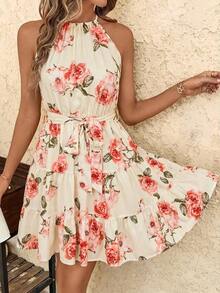 Classic Summer Dress With Floral Print, Elastic Waist And Ruffles At The Hem - 櫻桃紅 - 查看 3