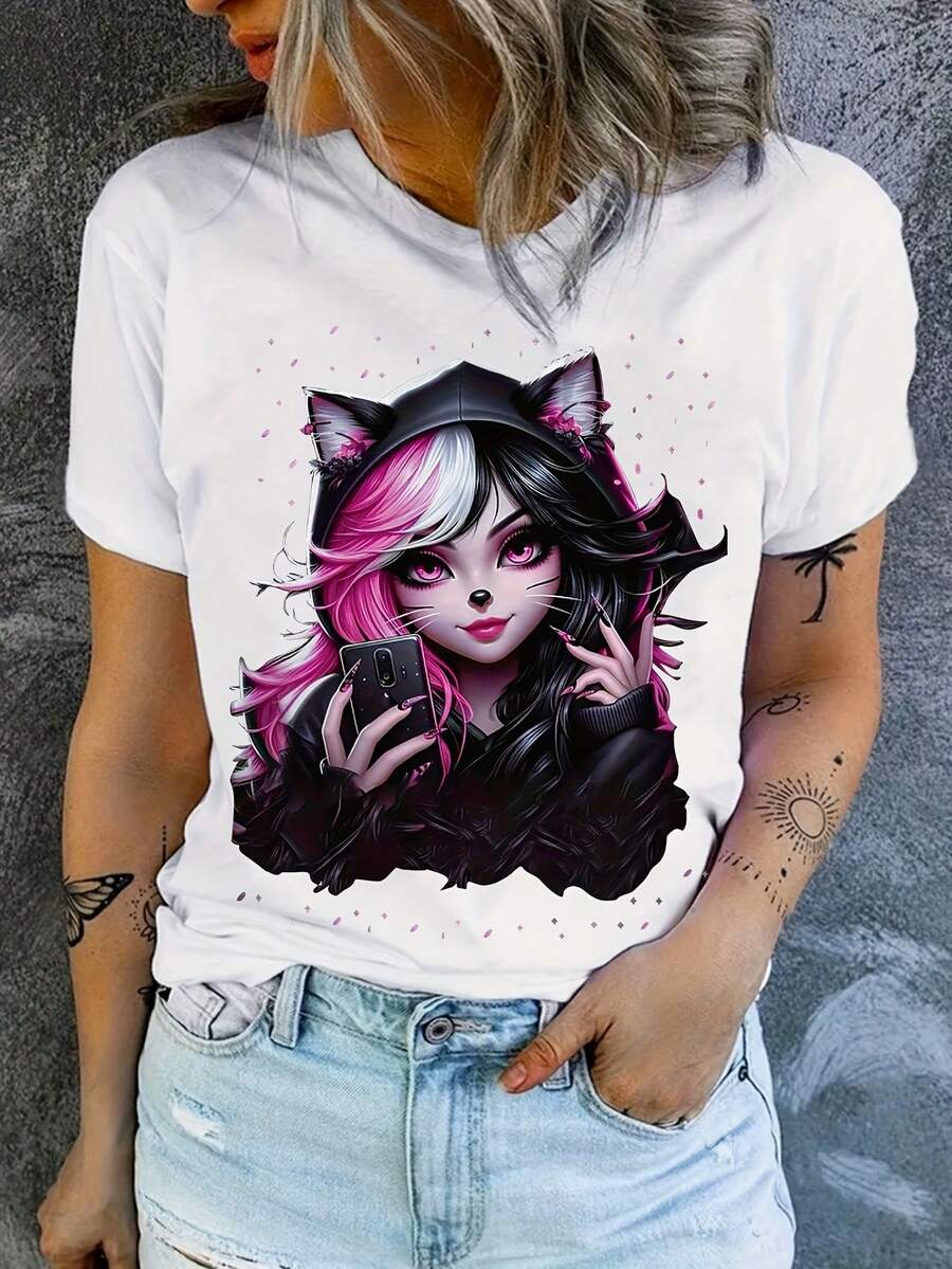 Women's T-Shirt With Anime Cat Ears Print - Short Sleeve, Round Neck, Japanese Sleeve Print, Soft And Stretchy, For Summer And Spring, Ideal For Conventions, Theme Events And Casual Wear - 白色 - 查看 1