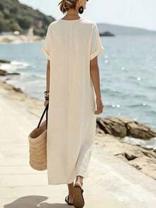 Holidaya Vestido de mujer de manga corta de longitud media con cuello de corbata, bolsillo suelto y textura de tela de color albaricoque para uso diario, viajes y vacaciones. Vestido largo de mujer estilo resort, vestido casual de verano Zanzea para mujer. Vestidos casuales largos para mujer en color azul claro, azul bebé y turquesa. - Celeste - Ver 6