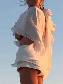 Boho Coquette Sheer Ruffle Kimono - Flowy Chiffon Open Front Cover-Up With Neck Scarf - trắng - Xem 7