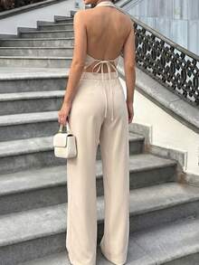 Jennie Growth Women's Apricot Suit 2-Piece Set, Cold Shoulder V-Neck Sleeveless Back Lace-Up Backless Crop Top & High-Waisted Wide-Leg Pants, Casual Hot Girl Bold Elegant Combination, Suitable For Summer Vacation Beach Wear, Lunch Date, Coffee Date, Street Style, Shopping, Office, Casual Weekend Outings - Apricot - View 10