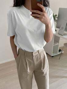 100% Cotton. Soft Cotton Shirt. 1 Pack Solid Color Drop Shoulder Summer T-Shirt. Vintage Summer T-Shirt. - White - View 9
