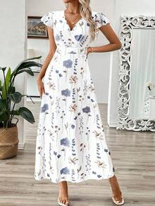 Vestido largo de verano de mujer con cuello en V y estampado floral de hojas, vestido entallado en la cintura con línea A - Multicolor 2 - Ver 5
