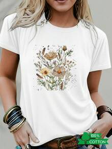 New 2026 Collection: Cotton T-Shirt With Anime Letter Print, Women's Round Neck T-Shirt With Simple Design, Comfortable And Breathable, Suitable For Casual And Versatile Daily Wear, Showing A Natural And Elegant Style, A Must-Have For Summer Parties, Local Shipping, Leopard Print, Light Colored Floral Print, Lightweight Cotton. - 黑色 - 查看 9